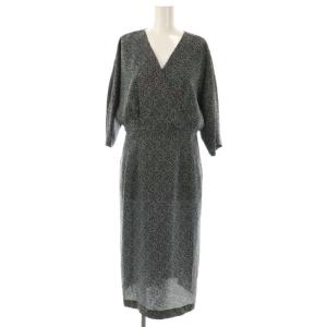 ハーフスリーブシルク総柄ワンピース ミモレ ロング 五分袖 9 黒 ブラック /AT OS