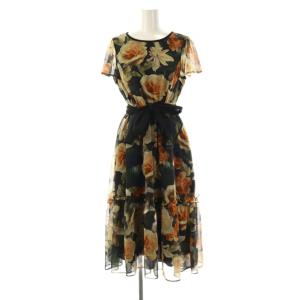 25年製 フラワープリントシフォンワンピース ミディ丈 ひざ丈 38 ブラック オレンジ /DF OS