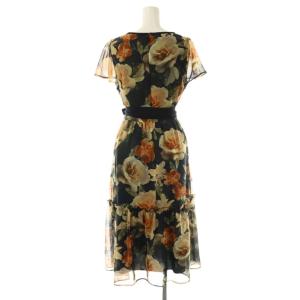 M'S GRACY 25年製 フラワープリントシフォンワンピース ミディ丈 ひざ丈 38 ブラック オレンジ /DF OS