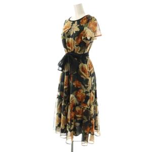 M'S GRACY 25年製 フラワープリントシフォンワンピース ミディ丈 ひざ丈 38 ブラック オレンジ /DF OS