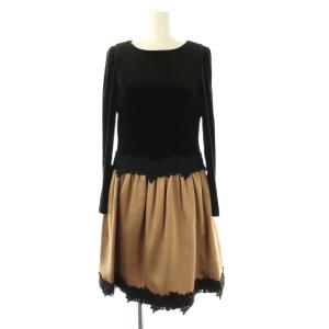 ベロア 切替 ワンピース サテン レース 36 黒 ブラウン /CX OS