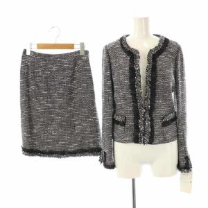 ツイードジャケット スカート スーツ ノーカラー タイト 36 黒 白 /CX OS