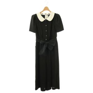 襟付き ストライプオールインワン ワイドパンツ 半袖 36 ブラック /DF OS