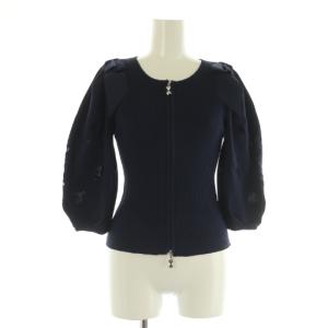 リボン柄入りジップアップニット カーディガン リブ 切替 ボリュームスリーブ 七分袖 38 ネイビー /MY