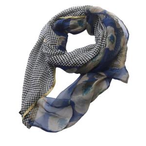 ストール チェック フラワー シルク ブルー ブラック