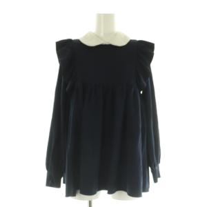 21AW 襟付き フリルブラウス 長袖 プルオーバー ボリュームスリーブ ストレッチ F ネイビー /MY