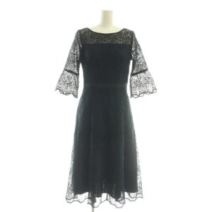 総レース刺繍ワンピース ミモレ ロング 七分袖 36 紺 ネイビー /AT OS SH