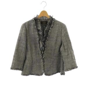 ツイード ノーカラージャケット 七分袖 13 ブラック /HK OS