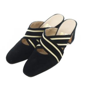 ミュール スエード レザー 本革 ライン 6 23.5cm 黒 ブラック アイボリー /RI OS