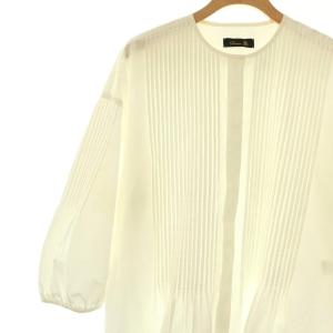 Drawer コットン ピンタック ノーカラーブラウス シャツ ホワイト /DF OS