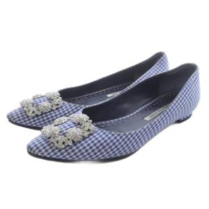 ハンギシ ギンガムチェック フラットパンプス ポインテッドトゥ 36.5cm 青 ブルー 白 ホワイト