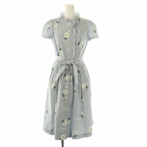23年製 カタログ掲載 花柄ストライプ半袖ワンピース ミモレ ロング 36 白 ライトブルー /NR OS