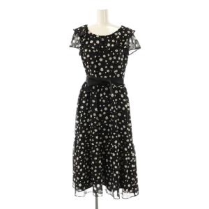 23年製 ブラック フラワーモチーフ シフォン ワンピース ミモレ ロング 半袖 36 黒 ブラック /AT