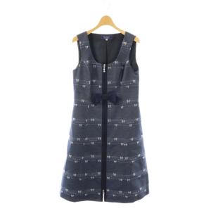 25年製 リボン柄 ジップアップ デニムライクワンピース 38 ネイビー