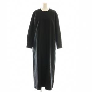 コットンモールスキン クルーネックマキシワンピース 長袖 36 ブラック /HK OS