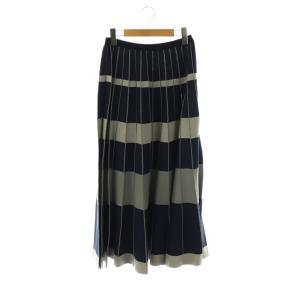 18Gステレオボーダーニットスカート プリーツ ロング グレー ネイビー /HK OS