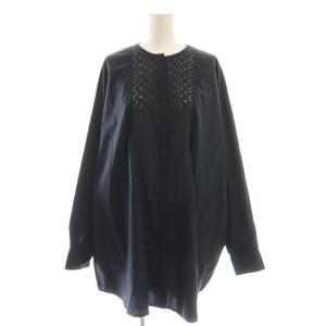 刺繍切り替え ノーカラーシャツ 長袖 チュニック丈 紺 ネイビー /AT OS