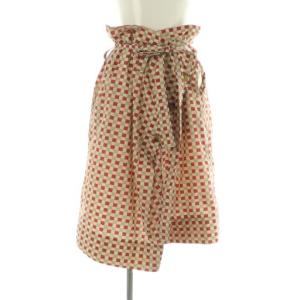 ラップ風スカート ロング チェック 変形 ボタン ベルト付 38 レッド ベージュ /MY OS