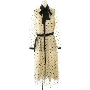 25SS ビーズ刺繍ドットドレス ワンピース ミモレ ロング 長袖 38 ベージュ 黒 ブラック /AT