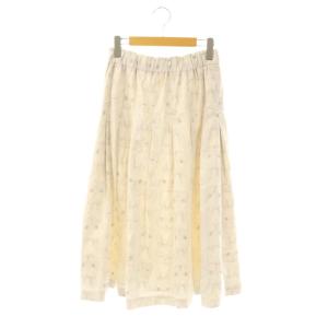 リネン混 ウサギ柄 ロングスカート フレアスカート タック M オフホワイト マルチカラー /ES OS