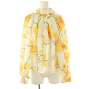 フラワーリネンギャザーブラウス シャツ プルオーバー 40 白 黄 緑 /CX OS