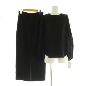 チェックジャカード セットアップ上下 バックリボン ブラウス Iラインロングスカート F M ブラック