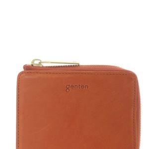 genten レザー L字ファスナー 猫モチーフ刻印 二つ折り財布 ロゴ 朱色 /SR