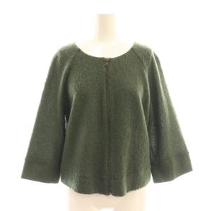 モヘヤ混ジップジャケット ノーカラー 七分袖 M ダークグリーン /CX OS