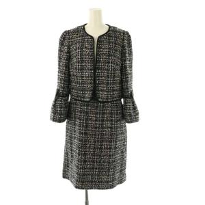 ツイードノーカラージャケット ワンピース 七分袖 膝丈 セットアップ 38 黒 白 /NR OS