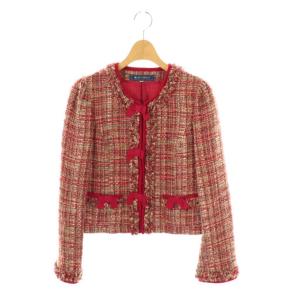 リボン ツイード ノーカラージャケット 38 レッド /DF OS