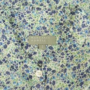MARGARET HOWELL 小花柄シャツ 七分袖 バンドカラー フリル 1 グリーン ブルー /MY OS