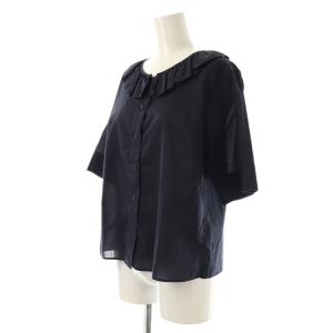 MARGARET HOWELL SHEER COTTON フリルカラーブラウス 五分袖 1 ネイビー /ES OS