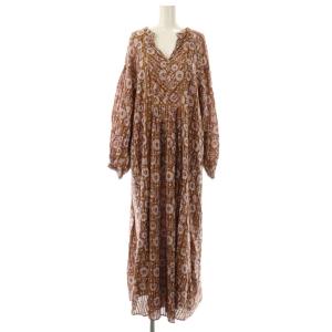 コットン ストライプ フラワー プリント ドレス ワンピース ロング 長袖 M ブラウン /HK OS