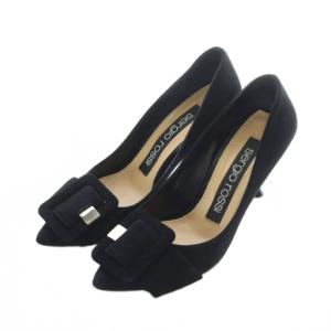 パンプス ポインテッドトゥ ハイヒール スクエアバックル スエードレザー 本革 35 22.5cm 黒