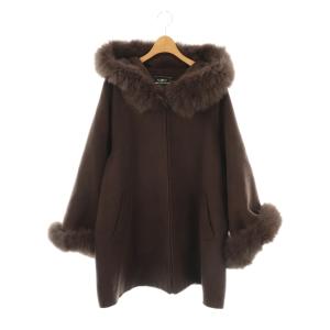 ポンチョ風トリミングコート ウール フォックスファー 36 ブラウン