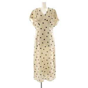 ランダムドットリネンロングワンピース マキシ フレンチスリーブ 36 ベージュ /AT OS