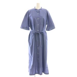 バンドカラーシャツワンピース ミモレ ロング 半袖 38 青 ブルー /AT OS