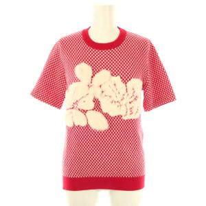 ミンクファーフラワーデザイン半袖ニット セーター 38 レッド ホワイト /DF OS