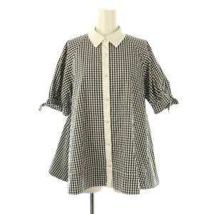 25SS リボンカフスワイリングフレアブラウス ギンガムチェック F ブラック ホワイト /DO OS