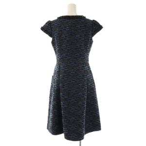 René リボンブローチ付き ツイードワンピース ひざ丈 34 ブラック ブルー /DF OS