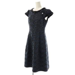 René リボンブローチ付き ツイードワンピース ひざ丈 34 ブラック ブルー /DF OS