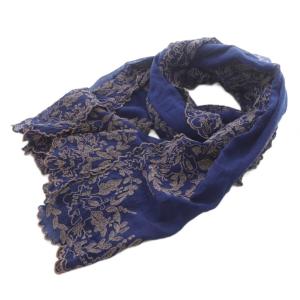 刺繍ストール マフラー 紺 ネイビー 茶色 ブラウン /SR