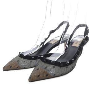 パンプス ハイヒール ポインテッドトゥ ロックスタッズ スリングバック 35 ブラック /YO1