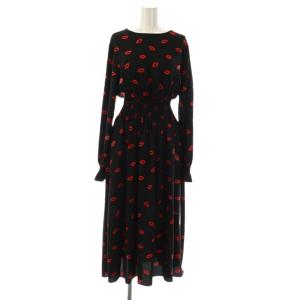 リップ柄 ワンピース ロング S ブラック レッド /DF OS