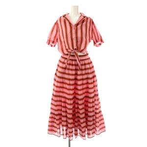 コットン ストライプ ボーダー ワンピース ロング 2 ピンク ブラウン/DF OS
