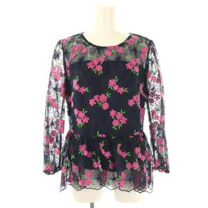 チュール刺繍ペプラムトップ ブラウス 長袖 36 紺 ネイビー /AT OS