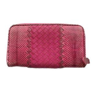 BOTTEGA VENETA 長財布 ラウンドファスナー イントレチャート パイソン柄 レザー ピンク /SS OS