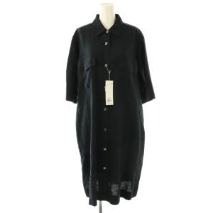 23SS SOFT LINEN リネンシャツワンピース ミモレ ロング 五分袖 2 紺 ネイビー /AT