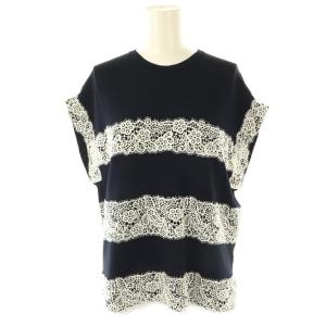 レースボーダー フレンチスリーブ ニット プルオーバー ネイビー ホワイト /DF OS