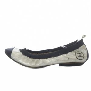 CHANEL バレエシューズ パンプス フラット ココマーク レザー 35.5 シルバー色 ブラック /YO20